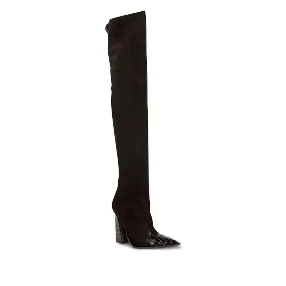 NEW SONORA Over Knee Pasilla Croc-Detail Black Boots 39 US 8 Black Italy $1403